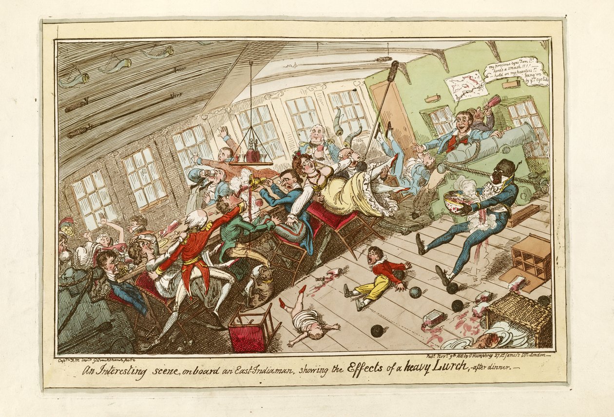 Zajímavá scéna na palubě východoindické lodi, ukazující účinky silného nárazu, pub.1818 (kolorovaný lept) od George Cruikshank
