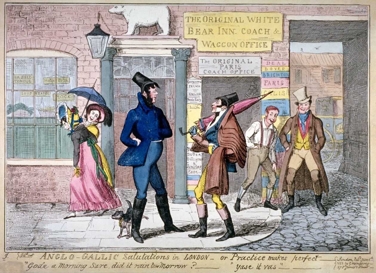 „Anglo-galské pozdravy v Londýně aneb praxe dělá mistra“, 1822. od George Cruikshank