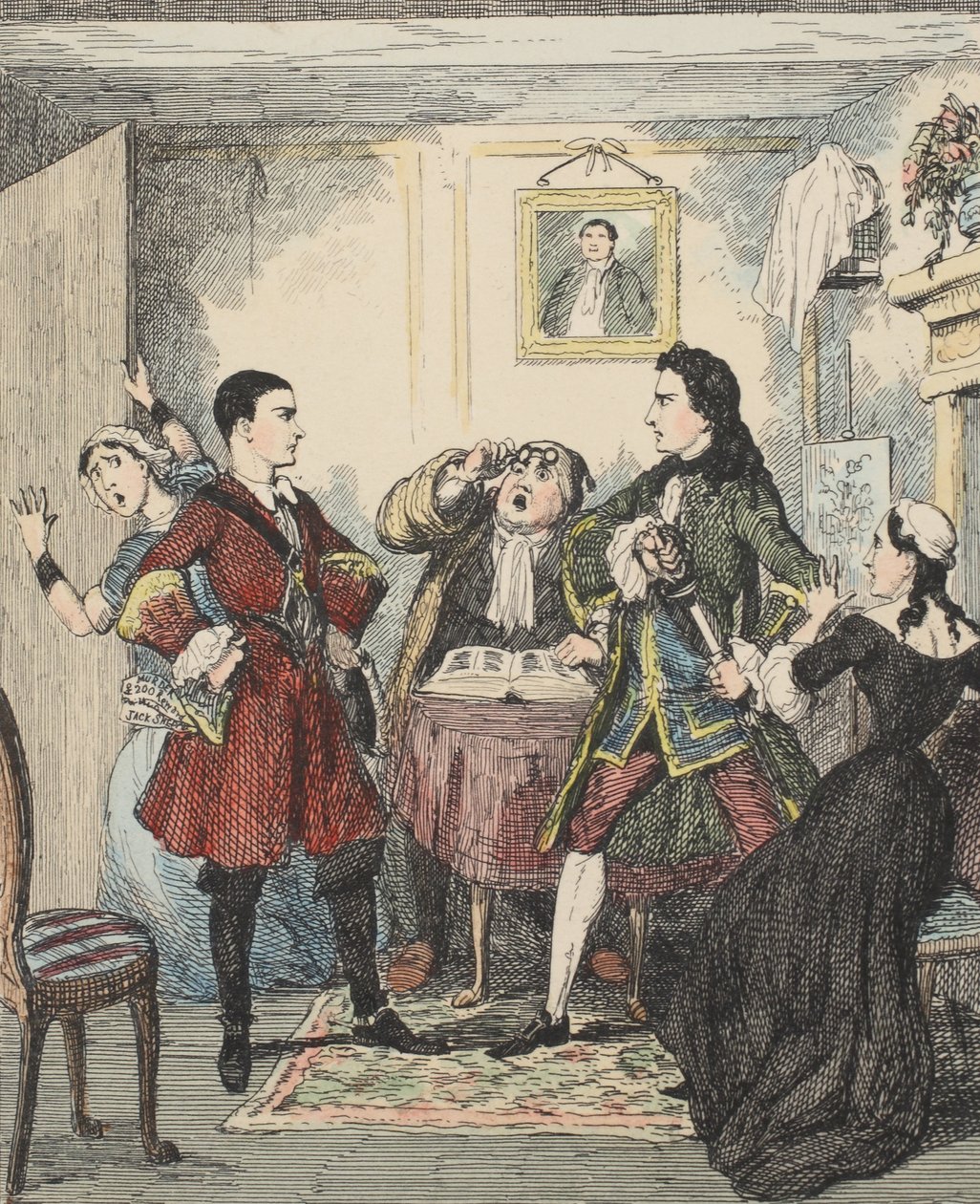 Audacity Jacka Shepparda, ilustrace z Jack Sheppard: A Romance od Williama Harrisona Ainswortha, vydáno 1839 (ručně kolorovaný lept) od George Cruikshank