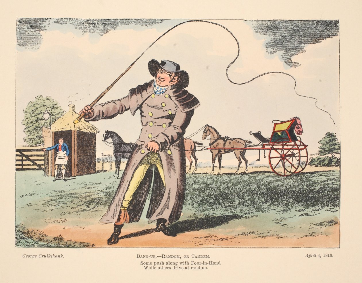 Bang-Up, Random nebo Tandem, někteří tlačí spolu s Four In Hand, zatímco jiní jezdí náhodně, 1810 (ručně kolorovaná rytina) od George Cruikshank