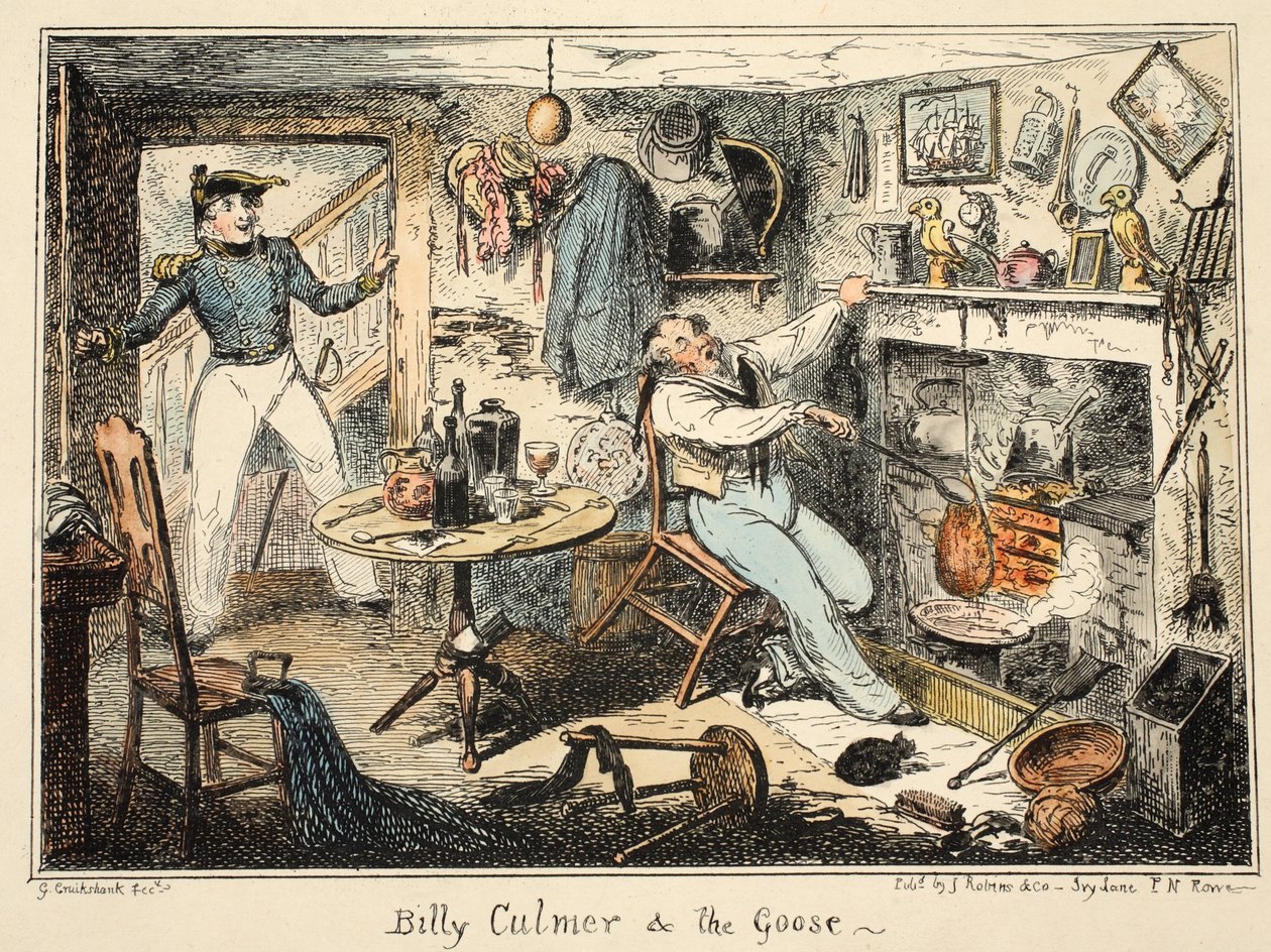 Billy Culmer a husa, z Greenwichské nemocnice, série námořních skečů, popisujících život válečného muže, vyd. 1826 (ručně kolorovaná rytina) od George Cruikshank