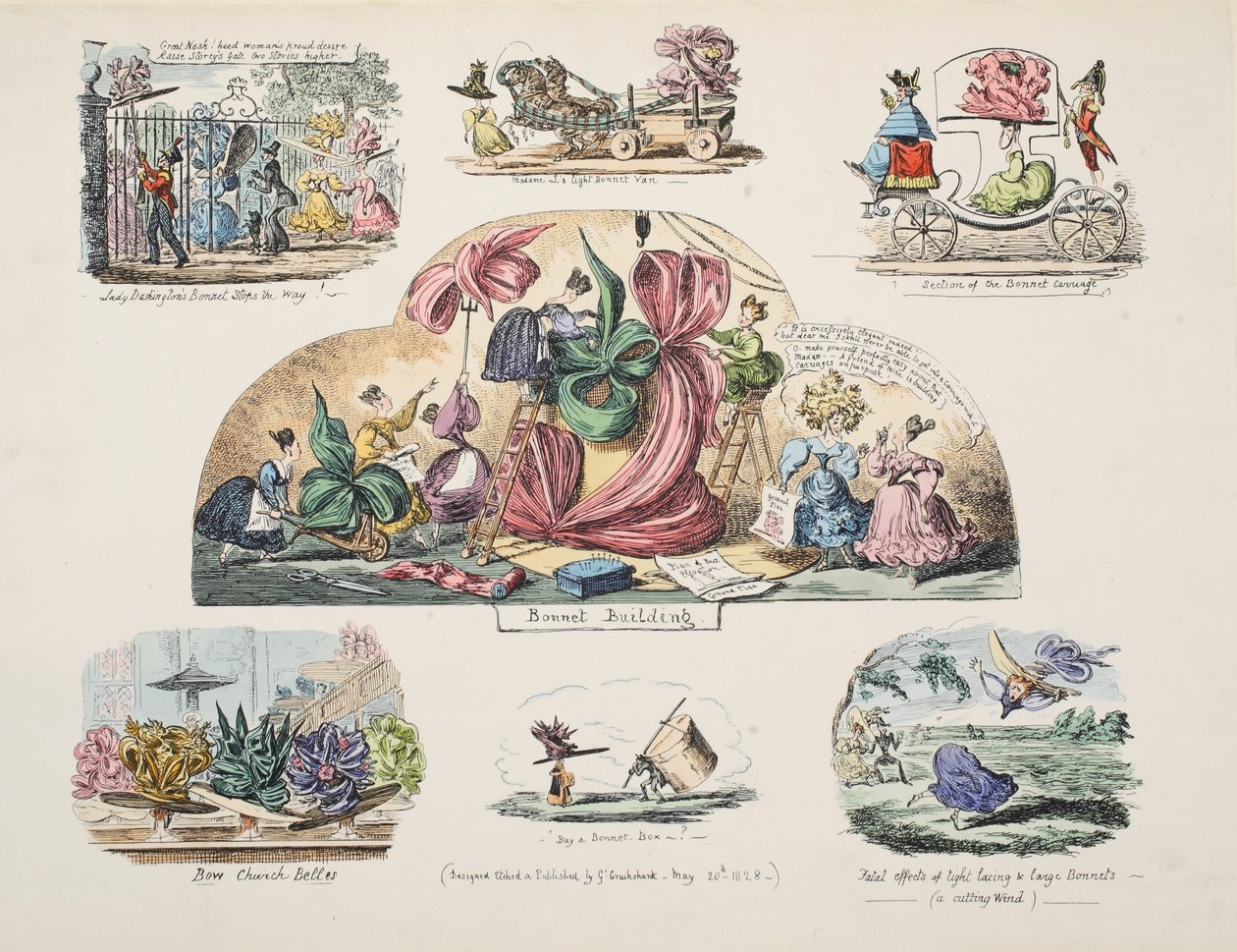 Bonnet Building, hospoda. 1828 (ručně kolorovaná rytina) od George Cruikshank