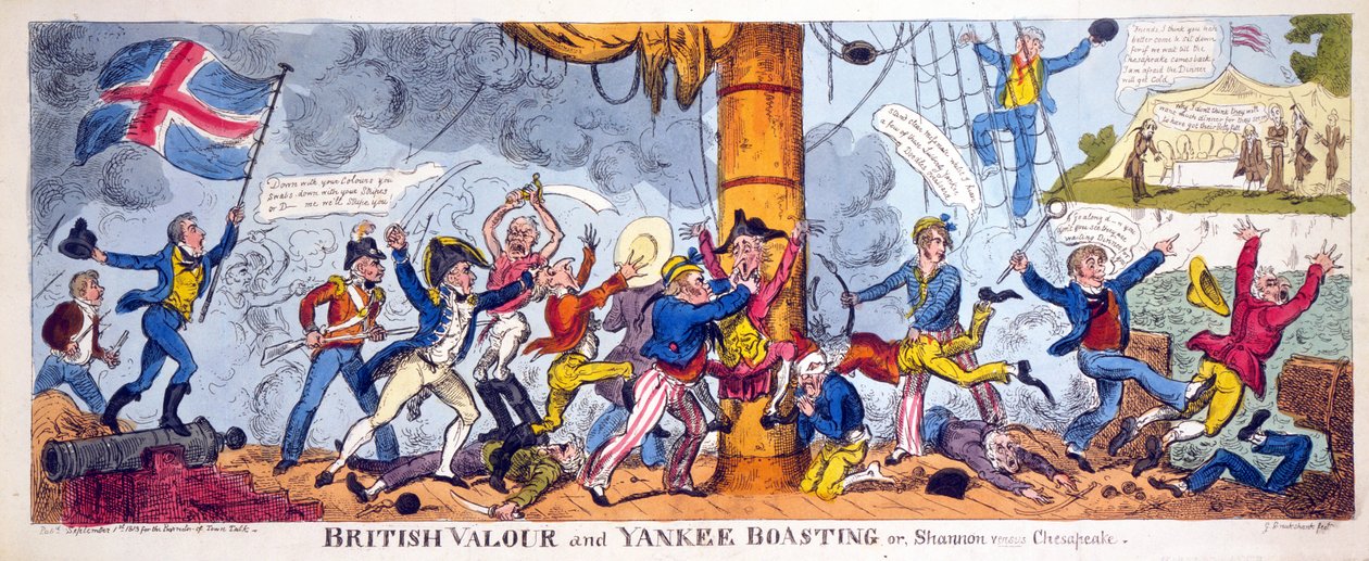 British Valor and Yankee Boasting aneb Shannon versus Chesapeake, hospoda. 1813 (ručně kolorovaná rytina) od George Cruikshank