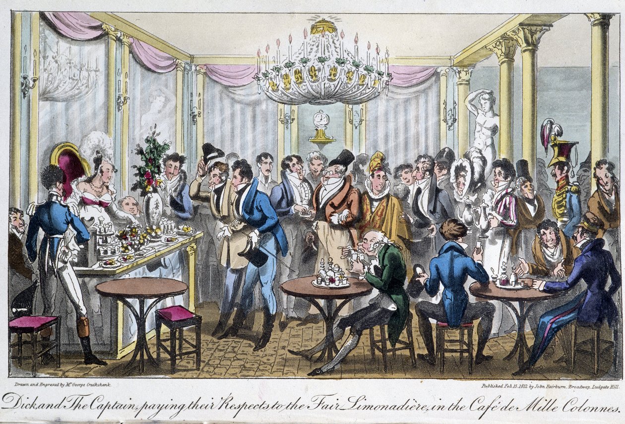 Sloupce Café des Milles - v „Life in Paris“ od Davida Careyho, Londýn od George Cruikshank