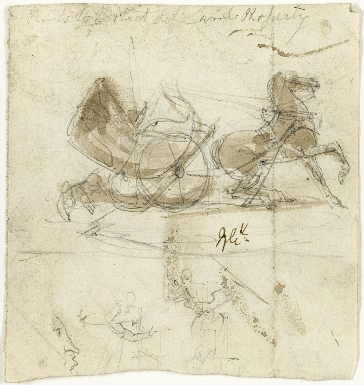 Karikatura sebe sama (recto); kabina shozená koněm a další náčrtky (verso) od George Cruikshank