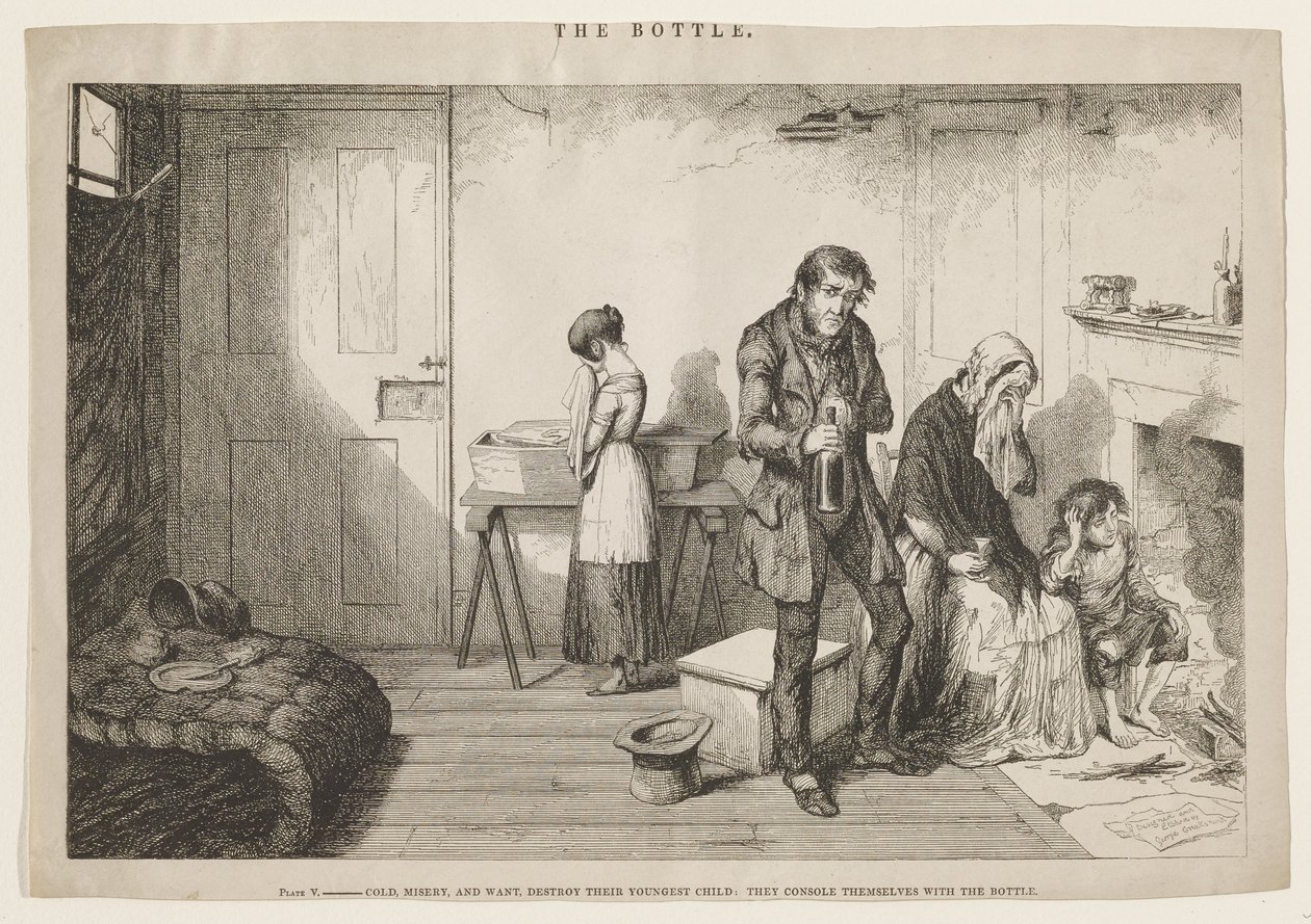 Chlad, bída a nouze ničí jejich nejmladší dítě: Utěšují se lahví. od George Cruikshank