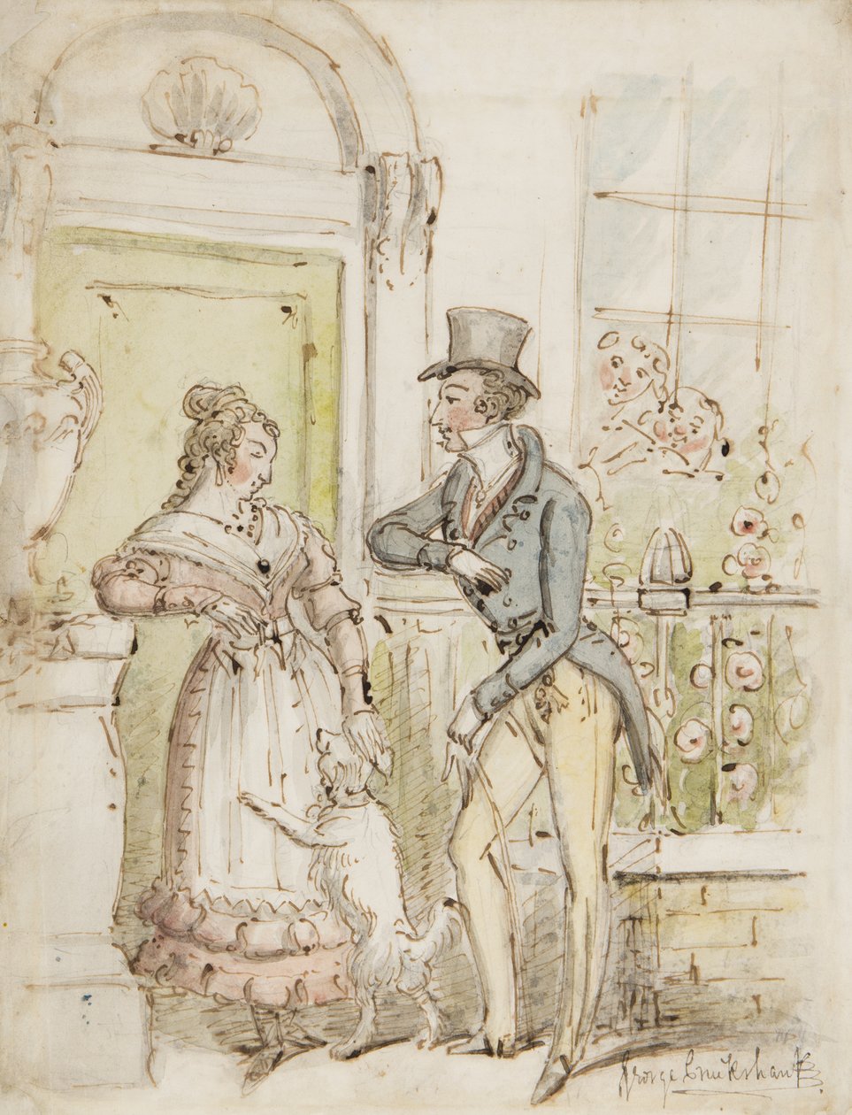 Námluvy, cca 1835 (pero, štětec, inkoust a wc na papíře) od George Cruikshank