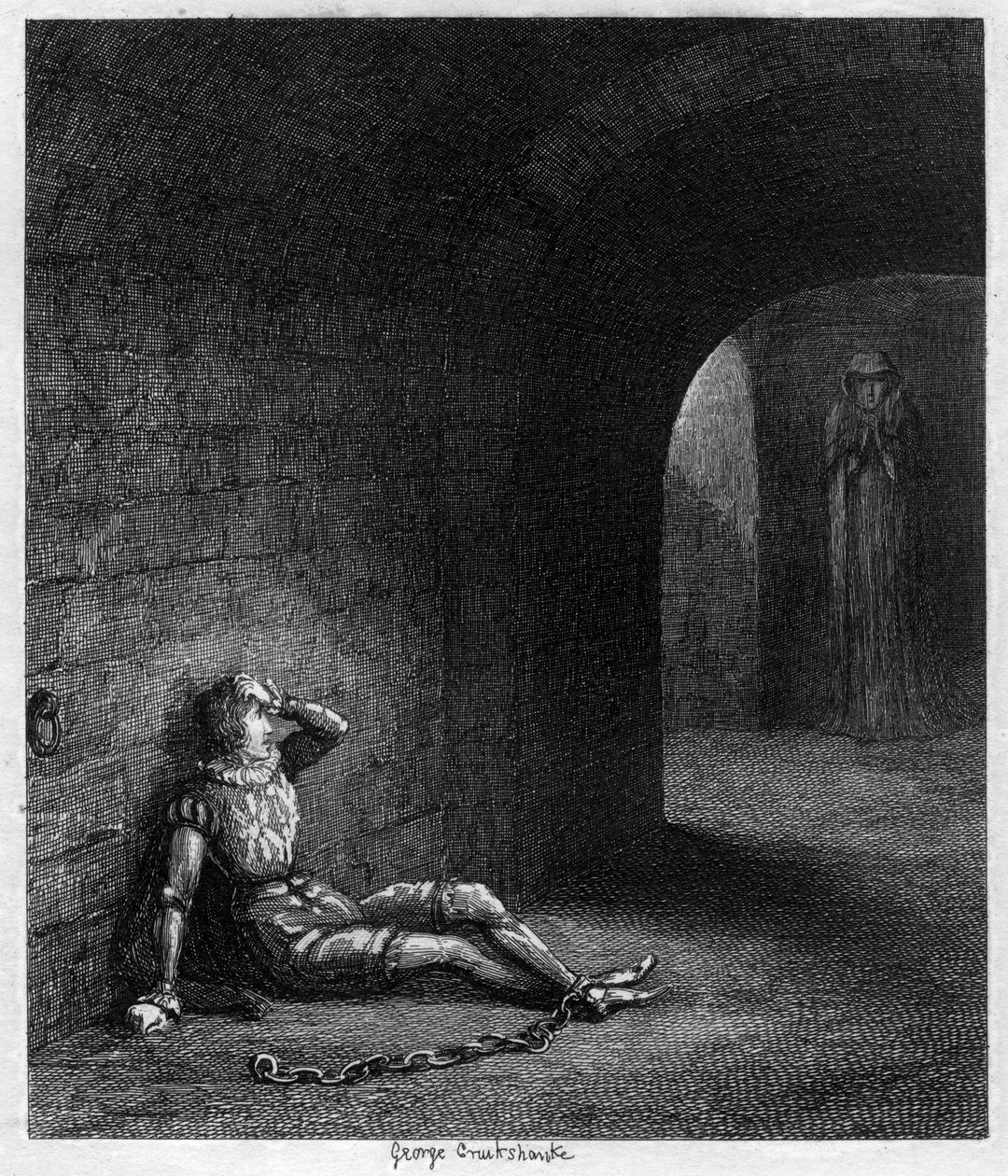 Cuthbert Cholmondeley překvapil výskytem tajemné postavy, 1840 od George Cruikshank