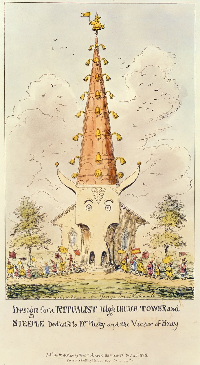 Návrh rituální vysoké kostelní věže a věže, věnované Dr. Puseymu a vikářovi z Bray, 1868 (tisk) od George Cruikshank