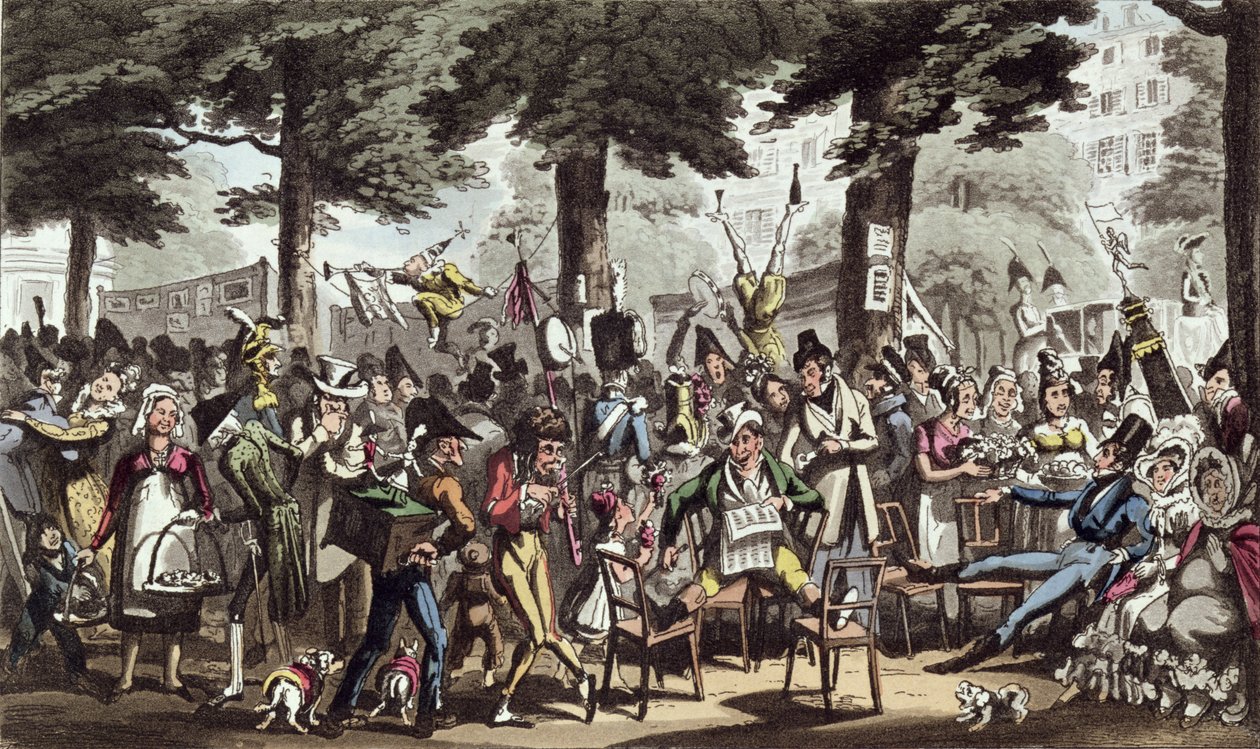 Dick Jenkins, The Captain, Lady Halibut and Lydia Enjoying a Lounge in the Italian Boulevard, z „Life in Paris“ od Davida Careyho, vydané v roce 1822 od George Cruikshank