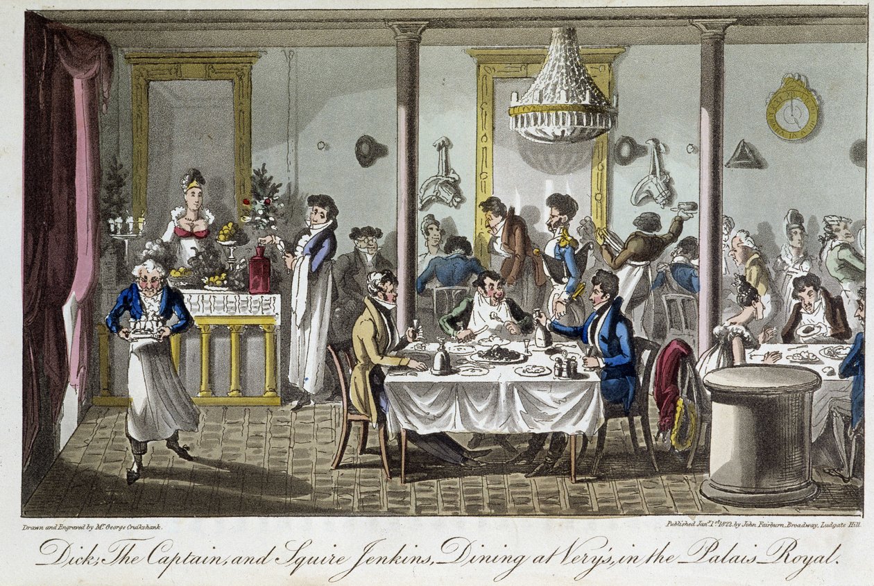 Večeře v hotelu Very v Palais Royal - v knize "Life in Paris" od Davida Careyho, Londýn od George Cruikshank