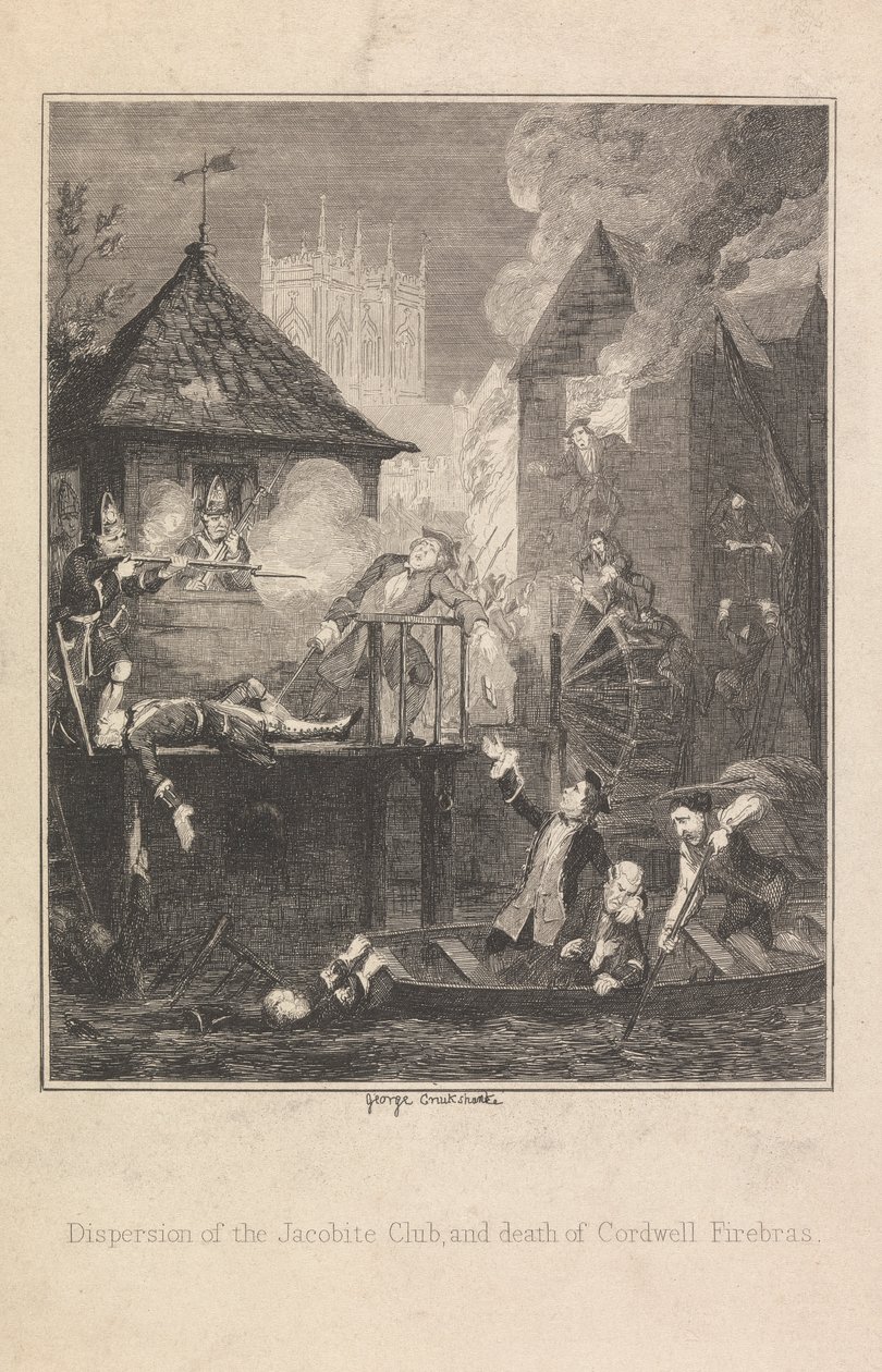 Disperze Jacobite Clubu a smrt Cordwell Firebras od George Cruikshank