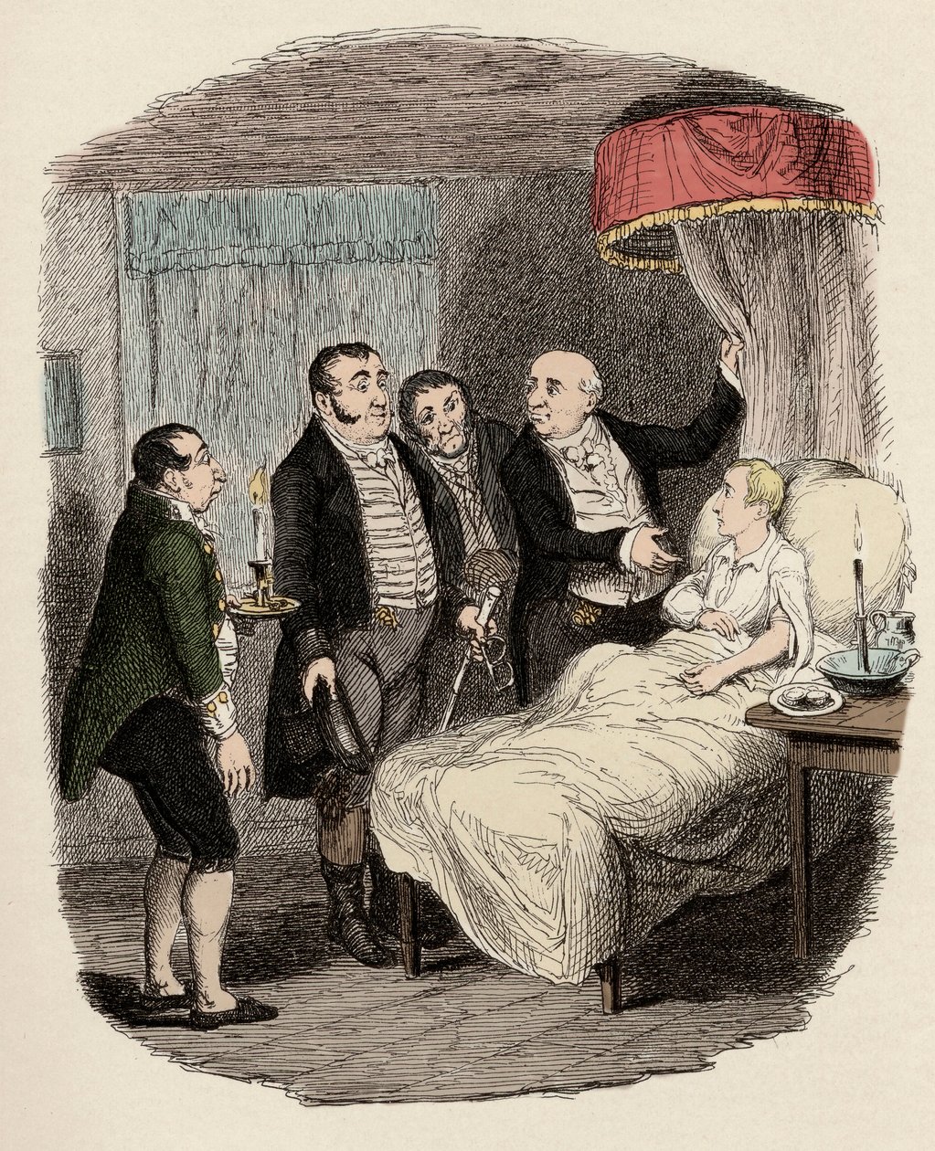 Dr. Losberne ukazuje Olivera policistům z Bow Street - Oliver na něj čekal Bow Street Runners - Ilustrace k "" Oliver Twist "" (Oliver) (Dobrodružství Olivera Twista) od Charlese Dickense (1812-1870), George Cruikshank (1792-1878). od George Cruikshank