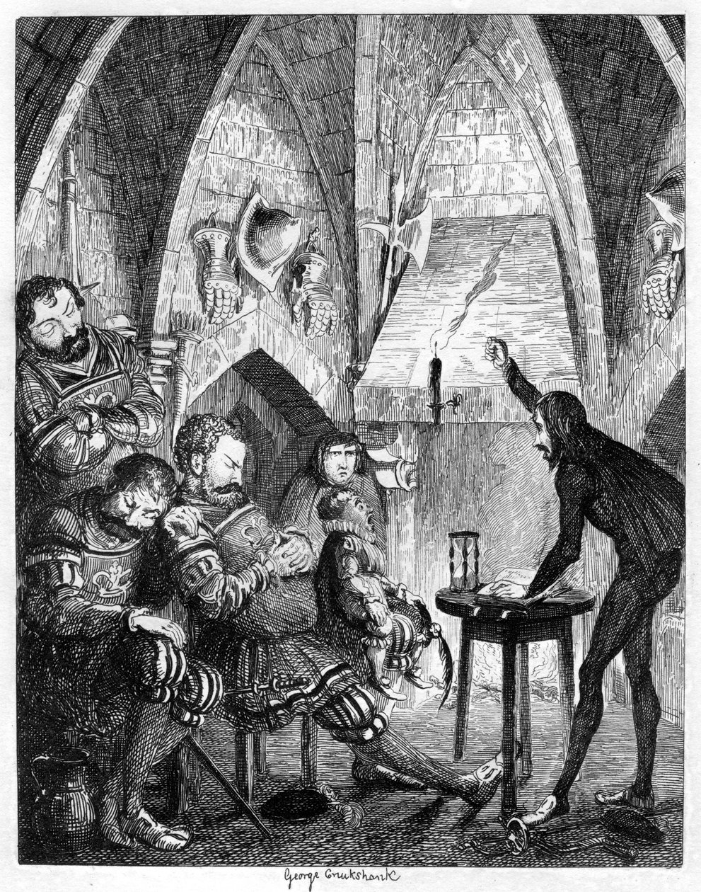 Edward Underhill, žhavý evangelista, který káže obrům v vedlejší nebo Gate Tower, 1840 od George Cruikshank