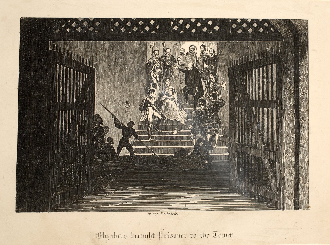 Elizabeth přinesla vězně do Toweru z The Tower of London, hospoda. 1840 od George Cruikshank
