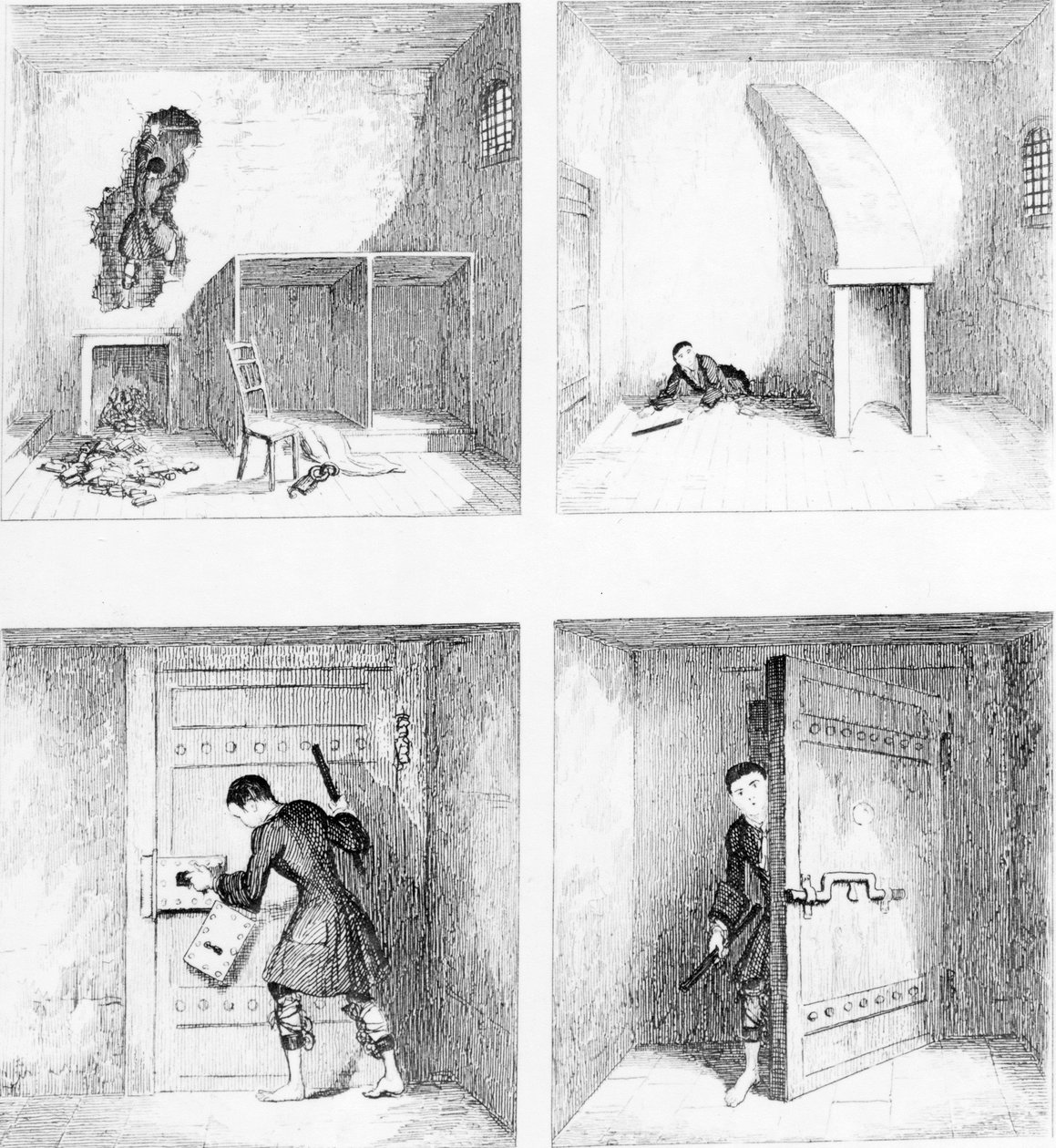 Útěk č. 1 z „Jacka Shepparda“ od W. H. Ainswortha, vydáno 1839 od George Cruikshank