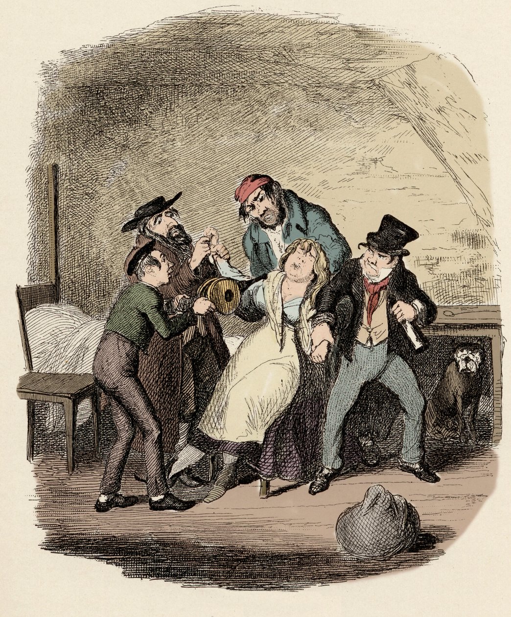 Fagin, Charley Bates, Kikes a Dawkins reanimant Nancy – Pan Fagin a jeho žák oživující Nancy – Ilustrace pro „“Oliver Twist““ (Oliver) (Dobrodružství Olivera Twista) od Charlese Dickense (1812-1870), George Cruikshank ( 1792-1878). od George Cruikshank