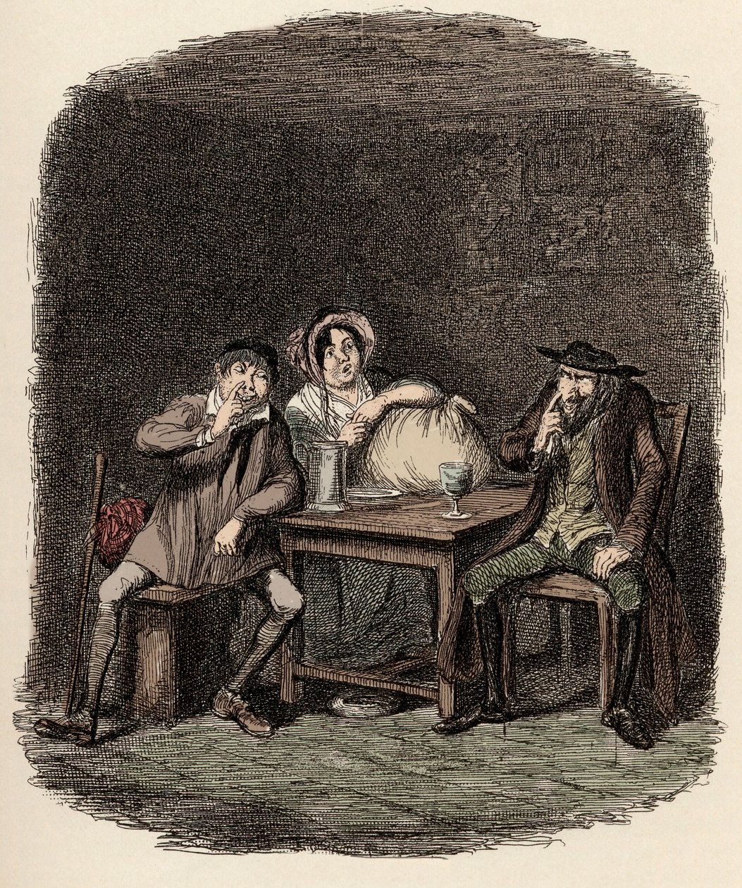 Fagin obchoduje s Morrisem Bolterem, známým jako Noe Claypole, a Charlotte – Žid a Morris Bolter si začínají rozumět – Ilustrace pro „“Oliver Twist““ (Olivier) (Dobrodružství Olivera Twista) od Charlese Dickense (1812-1870 ), od George od George Cruikshank
