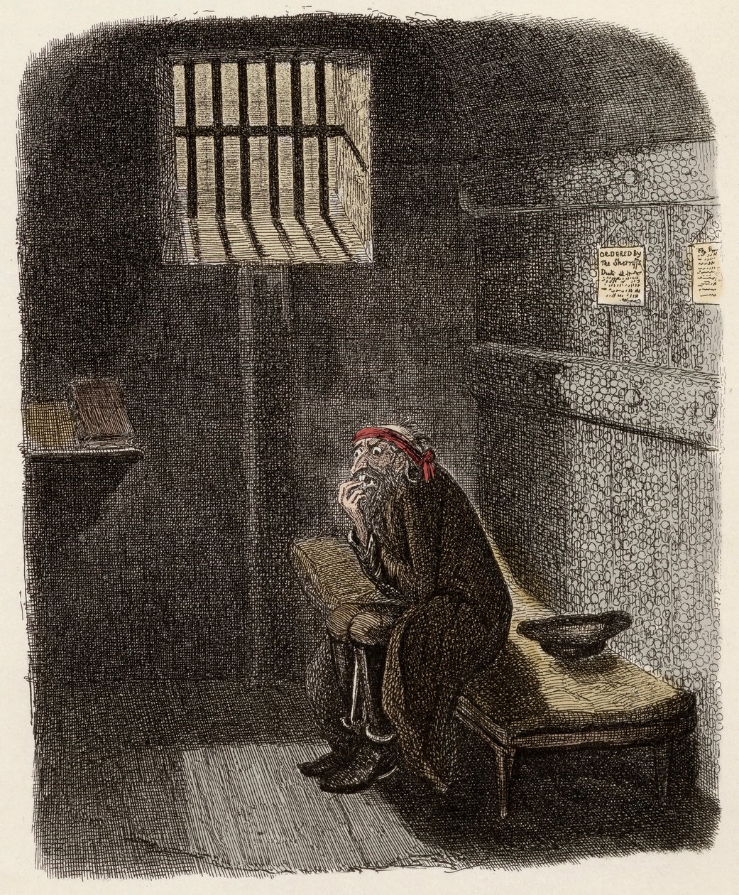 Fagin v cele odsouzení k trestu smrti - Fagin v cele odsouzených - Ilustrace k filmu „Olivier Twist“ (Olivier) (Dobrodružství Olivera Twista) od Charlese Dickense (1812-1870), od George Cruikshanka (1792-1878) . od George Cruikshank