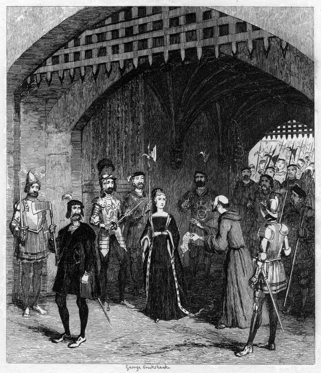 Feckenham nabízí lady Jane Grayové milost na cestě k soudu, 1553 1840 od George Cruikshank
