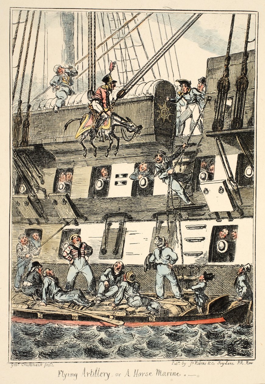 Létající dělostřelectvo aneb A Horse Marine, z nemocnice Greenwich, série námořních náčrtů, popis života muže z války, hospoda. 1826 (ručně kolorovaná rytina) od George Cruikshank