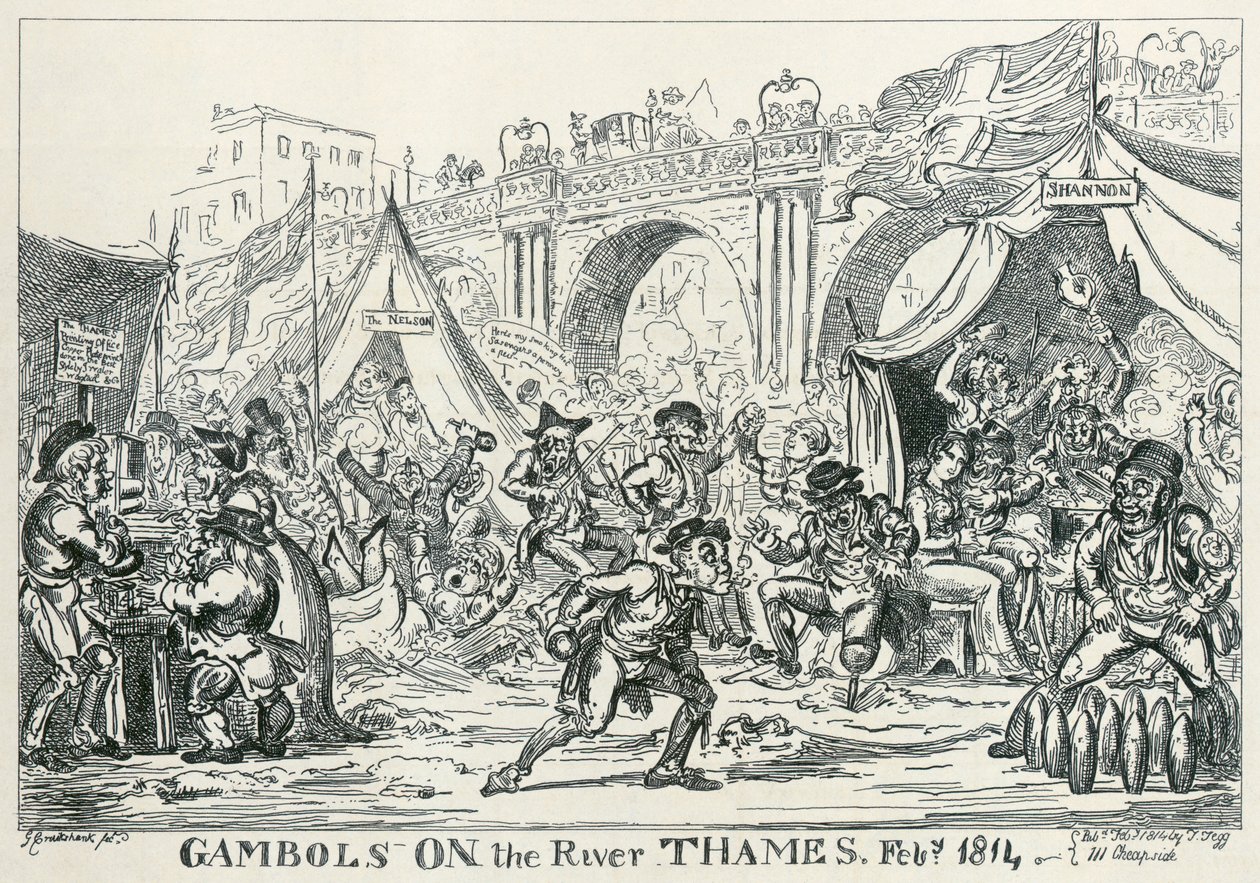 „Gamboly na řece Temži, únor 1814“, 1814 od George Cruikshank