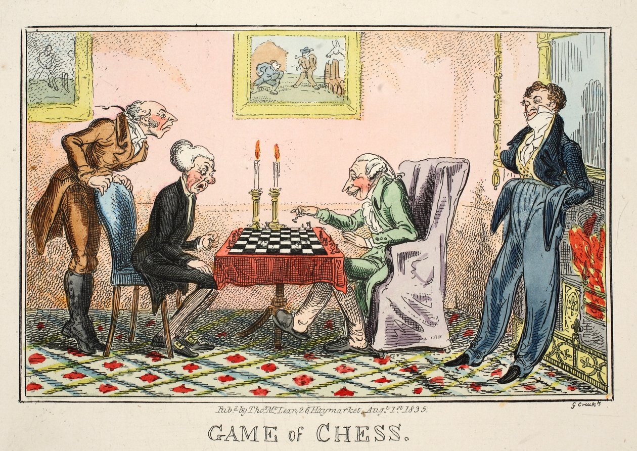 Game of Chess, hospoda Thomas McLean, 1835 (ručně kolorovaná rytina) od George Cruikshank