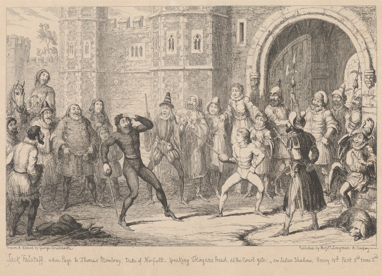 Gloucestershire. Před mělkým domem: „Henry IV část II“, dějství III, scéna II od George Cruikshank