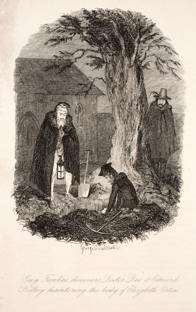 Guy Fawkes objevil doktora Dee a Edwarda Kelleyho, jak odstraňují tělo Elizabeth Ortonové, ilustrace od Guye Fawkese, nebo Zrada střelného prachu: Historická romance, William Harrison Ainsworth, pu. od George Cruikshank