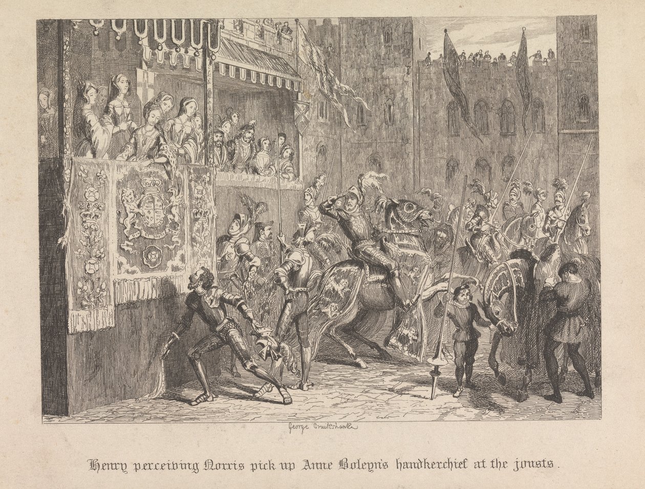 Henry vnímající Norrise zvedl kapesník Anne Boleyn na kláních od George Cruikshank