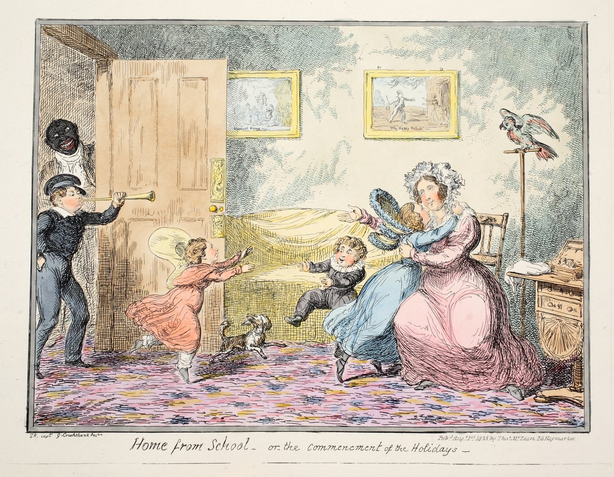 Ze školy domů nebo hospoda Začátek prázdnin. 1835 (ručně kolorovaná rytina) od George Cruikshank