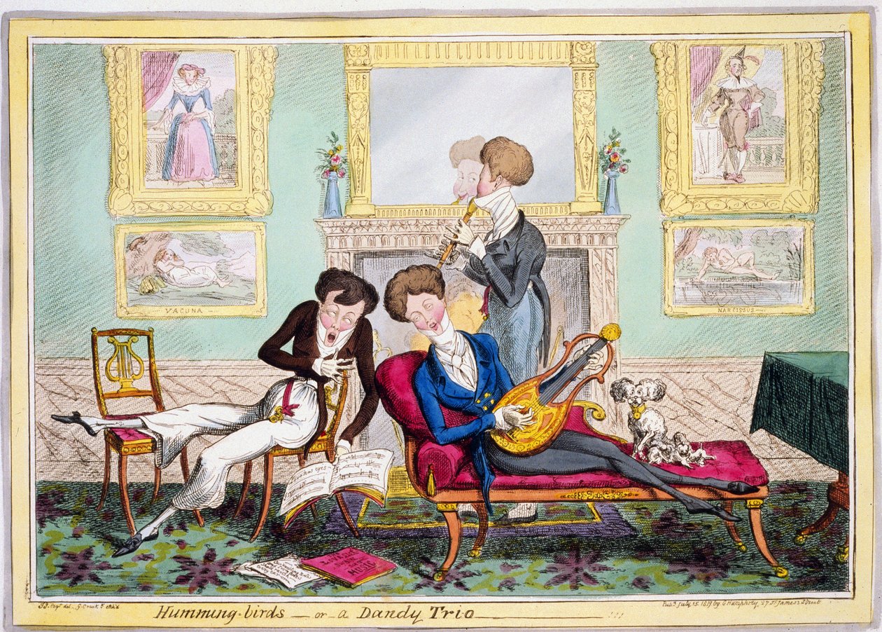 Kolibříci aneb Dandy Trio, hospoda. 1819 (ručně kolorovaná rytina) od George Cruikshank
