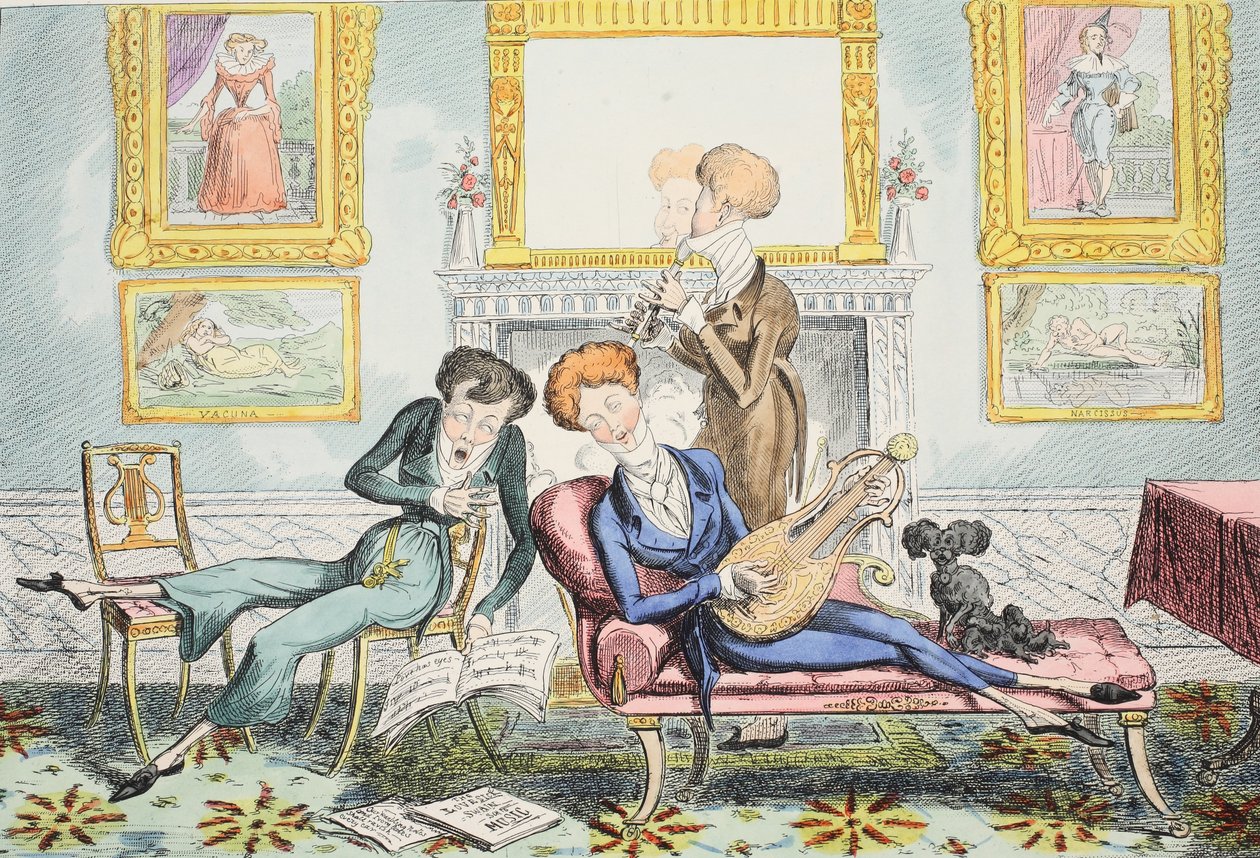 Kolibříci aneb A Dandy Trio, hospoda. 1835 (ručně kolorovaná rytina) od George Cruikshank