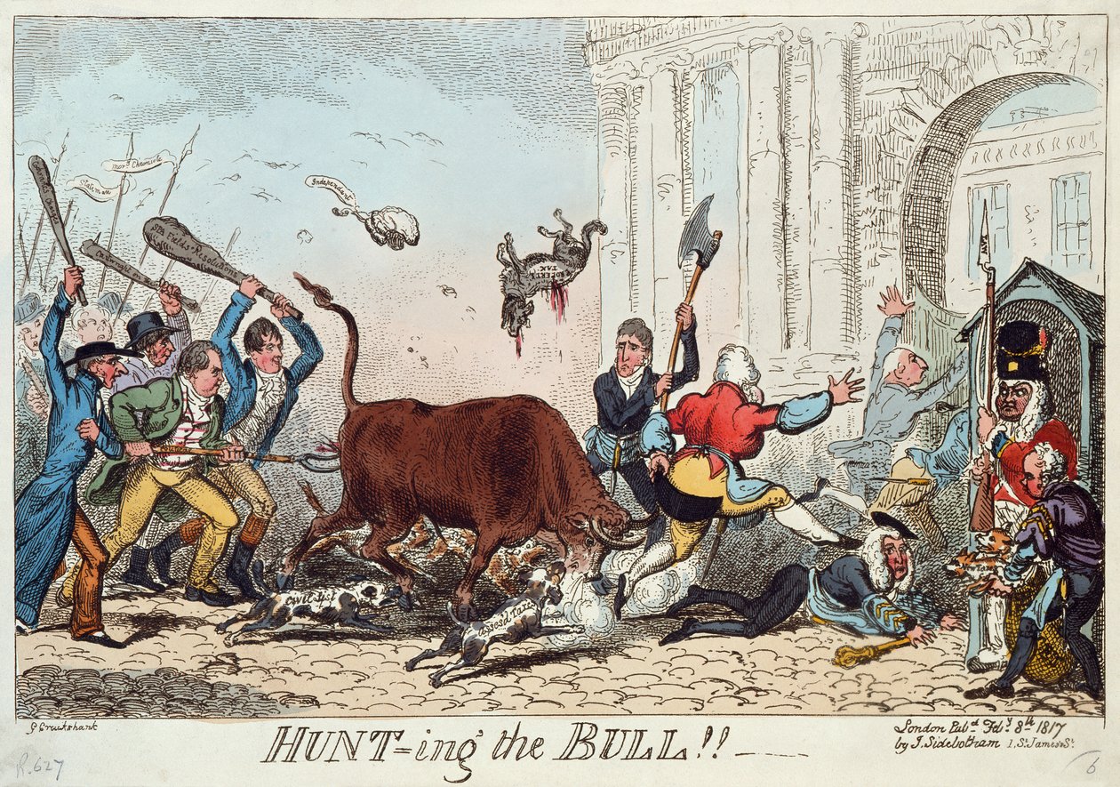 Hunting the Bull, 1817 (barevný lept) od George Cruikshank