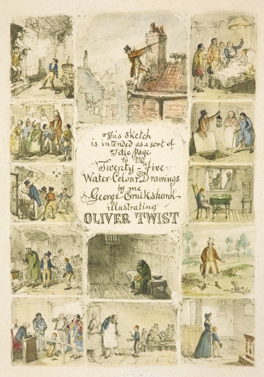 Ilustrace k titulní straně "Olivera Twista" od George Cruikshank