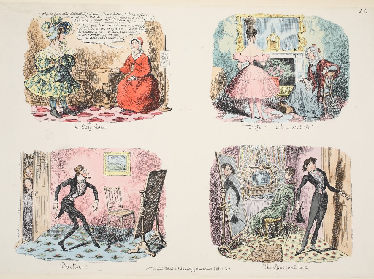 Ilustrace z The Whole Art of Dress aneb Cesta k eleganci a módě, hospoda. 1832 (ručně kolorovaná rytina) od George Cruikshank