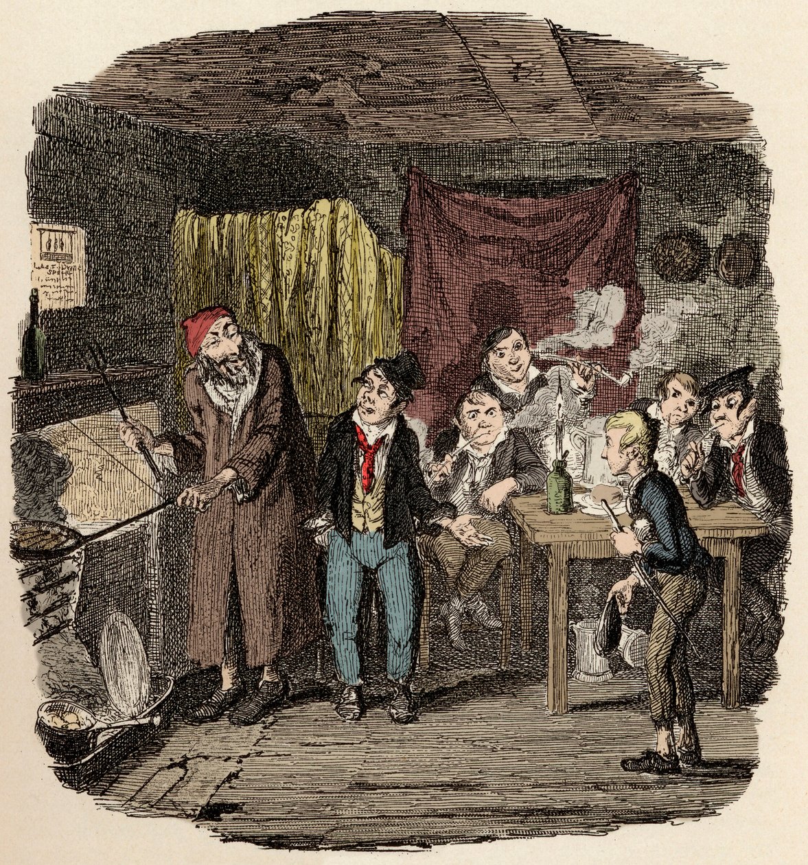 V Londýně Jack Dawkins zvaný Liška představuje Olivera Faginovi a jeho týmu malfratů - Oliver byl představen úctyhodnému starému pánovi - Ilustrace k filmu „Oliver Twist“ (Olivier) (Dobrodružství Olivera Twista) od Charlese Dickense (1812-1870) , od Ge od George Cruikshank