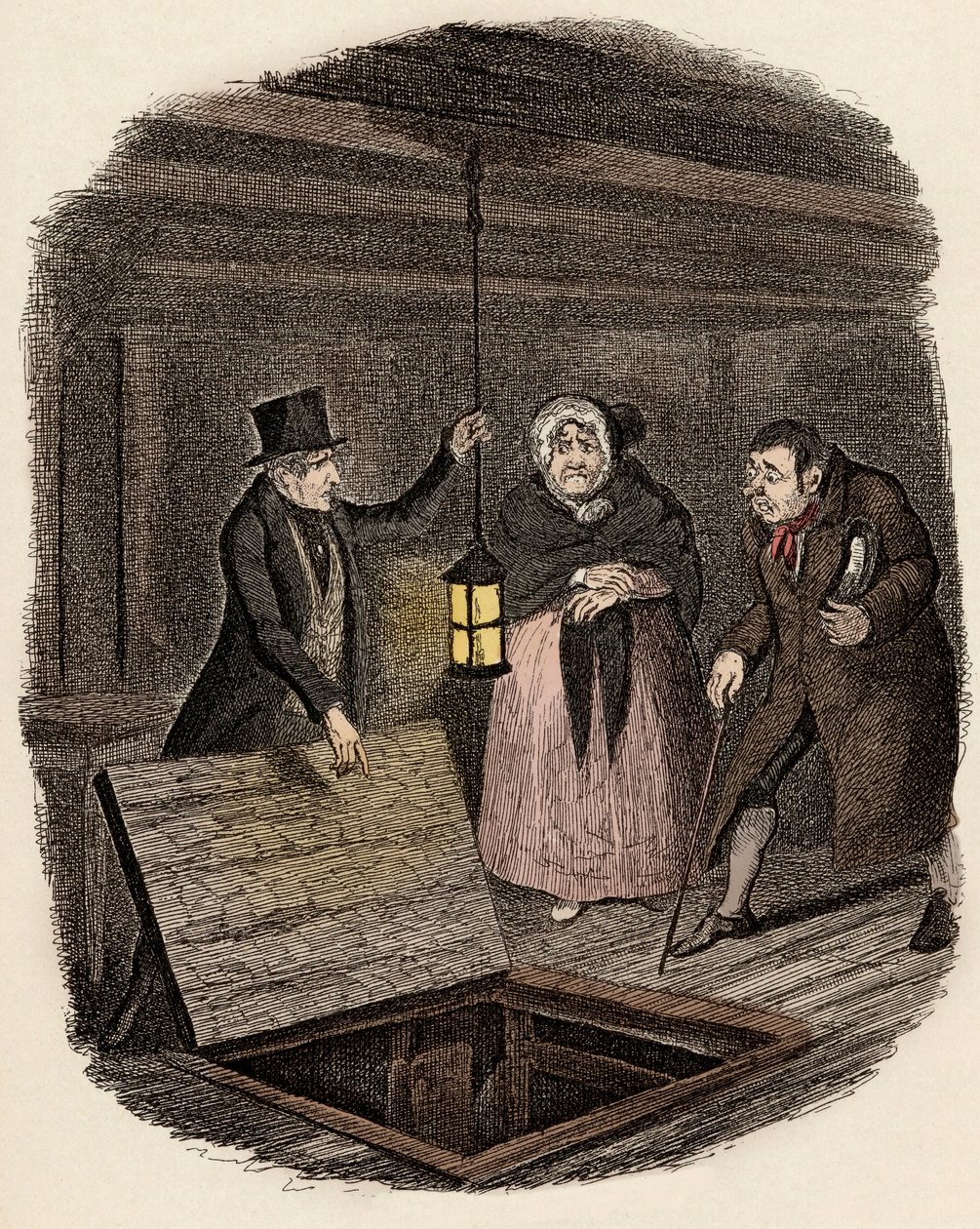 V přítomnosti Monsieur Bumble a Madame Corney Monks zmizí medailon Olivera Twista - Důkazy zničeny - Ilustrace k filmu „Oliver Twist“ (Oliver) (Dobrodružství Olivera Twista) od Charlese Dickense (1812-1870), od George Cruikshanka ( od George Cruikshank