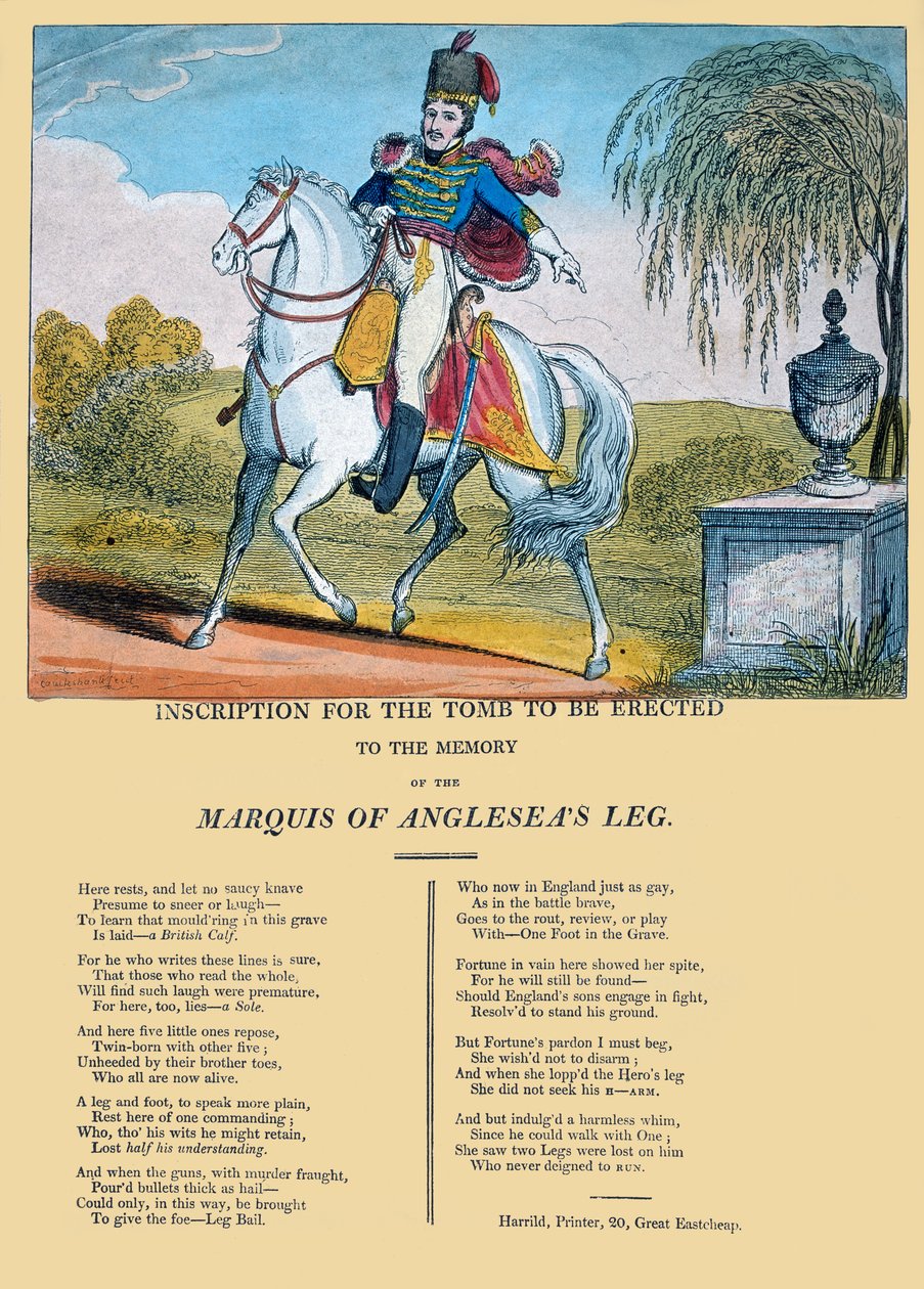 Nápis na hrobce, která má být postavena na památku nohy markýze z Anglesea, vydal R. Harrild, asi 1815. od George Cruikshank