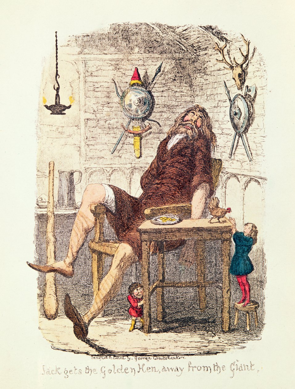 Jack dostane zlatou slepici pryč od obra (barva litho) od George Cruikshank