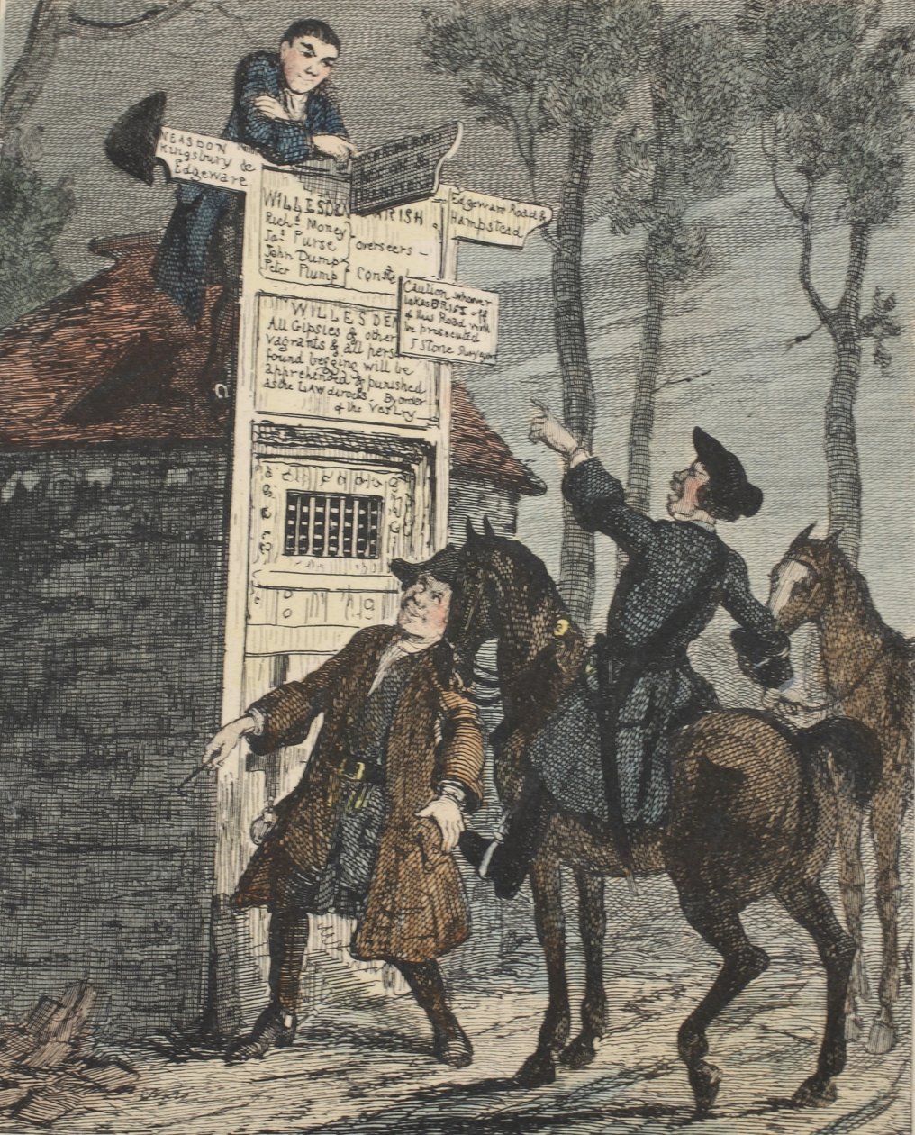 Jack Sheppard Escapes from the Prisoners Cage, ilustrace z Jack Sheppard: A Romance od Williama Harrisona Ainswortha, vydáno 1839 (ručně kolorovaný lept) od George Cruikshank