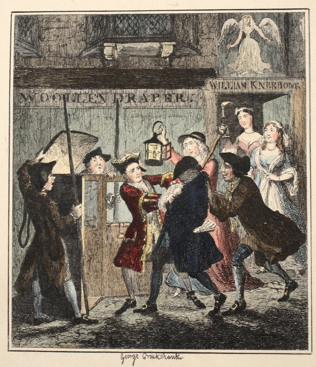 Jack Sheppard Tricking Shotbolt, ilustrace z Jack Sheppard: A Romance od Williama Harrisona Ainswortha, vydáno 1839 (ručně kolorovaný lept) od George Cruikshank