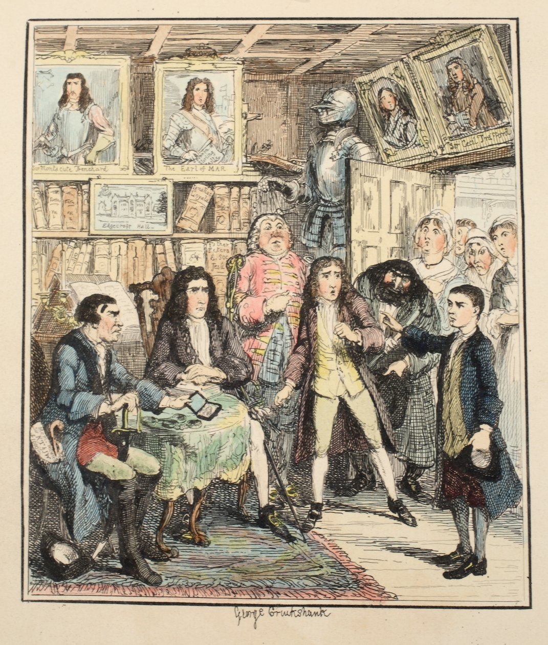 Jack Sheppard obviňuje Thamese Darrella z krádeže, ilustrace z Jack Sheppard: A Romance od Williama Harrisona Ainswortha, vydáno 1839 (ručně kolorovaný lept) od George Cruikshank