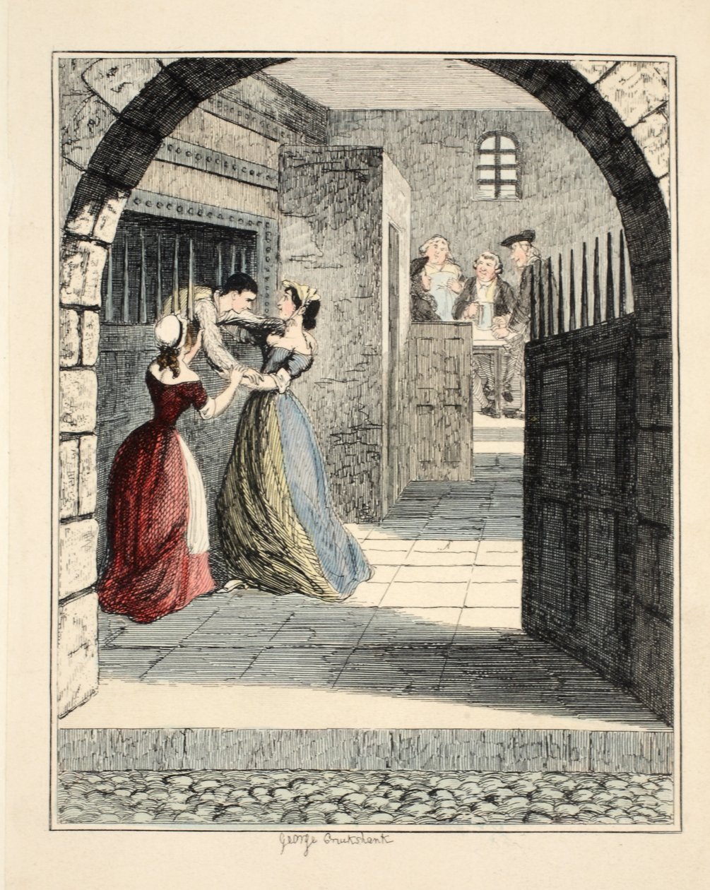 Jack Sheppard útěk z odsouzeného držení v Newgate, ilustrace z Jack Sheppard: A Romance od Williama Harrisona Ainswortha, hospoda. 1839 (ručně kolorovaná rytina) od George Cruikshank
