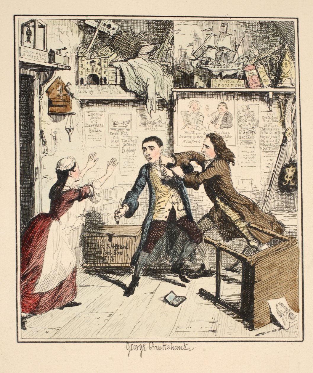 Jack Sheppard vystavuje pomstychtivou postavu, ilustrace z Jack Sheppard: A Romance od Williama Harrisona Ainswortha, publikovaná v roce 1839 (ručně kolorovaný lept) od George Cruikshank