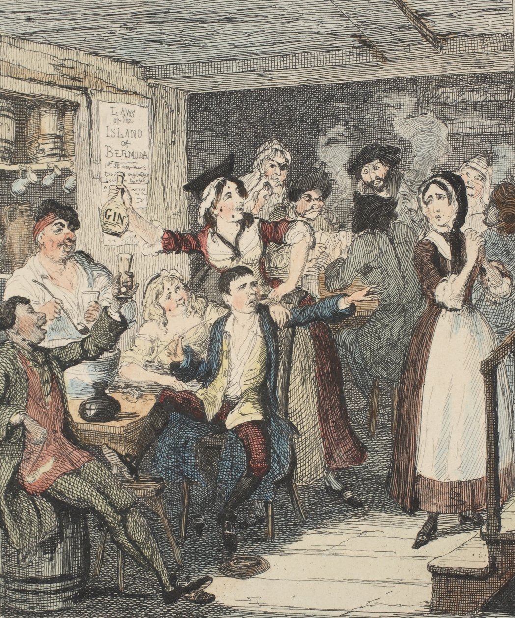 Jack Sheppard se opije a přikáže své matce pryč, ilustrace z Jack Sheppard: A Romance od Williama Harrisona Ainswortha, vydáno 1839 (ručně kolorovaný lept) od George Cruikshank