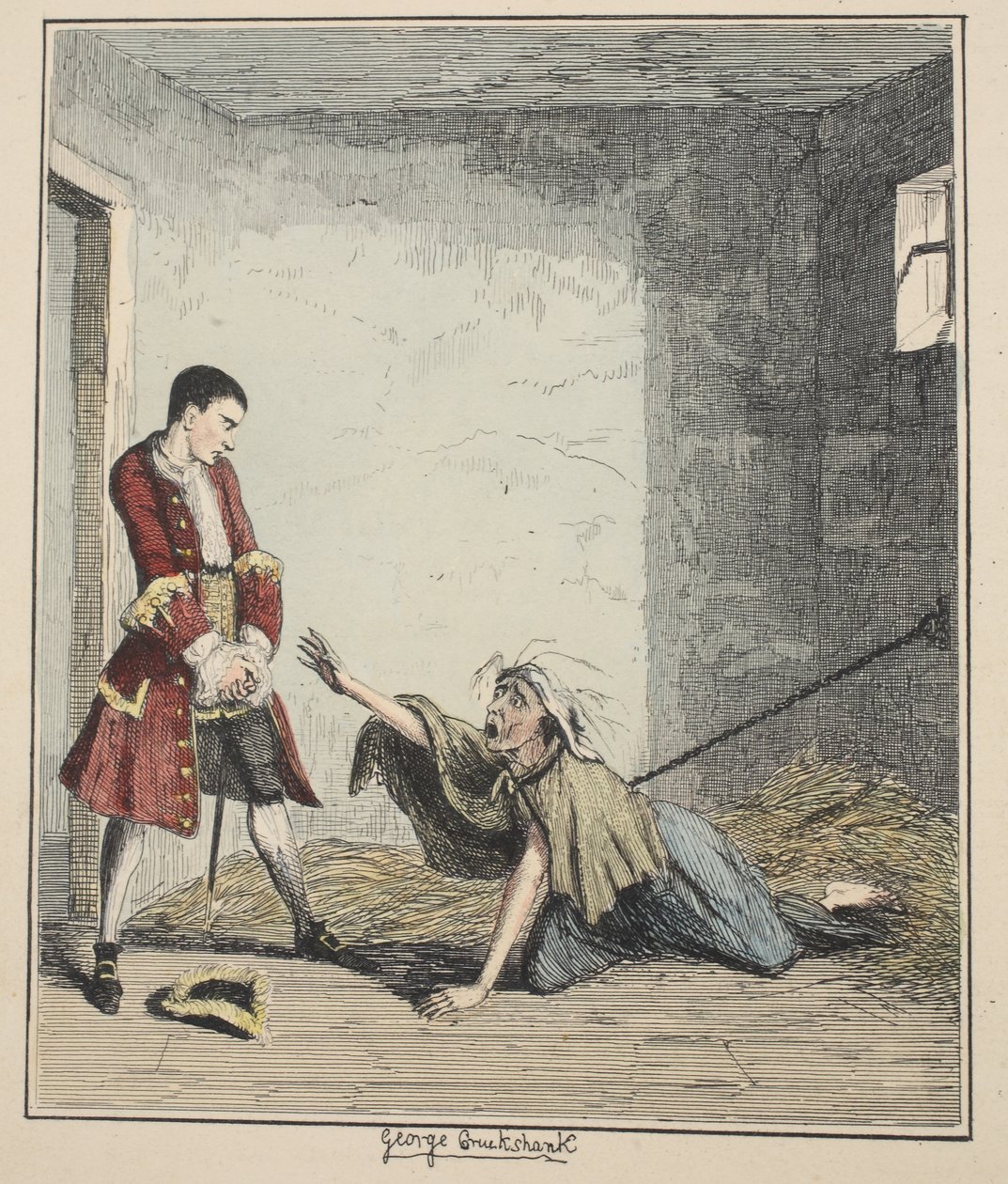 Jack Sheppard navštěvuje svou matku v Bedlamu, ilustrace z Jack Sheppard: A Romance od Williama Harrisona Ainswortha, vydáno 1839 (ručně kolorovaný lept) od George Cruikshank