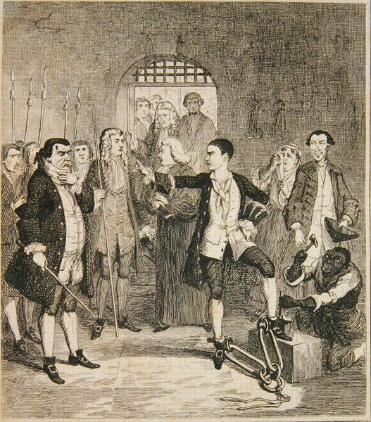Želízka Jacka Shepparda sražená v Kamenné síni v Newgate, ilustrace z 