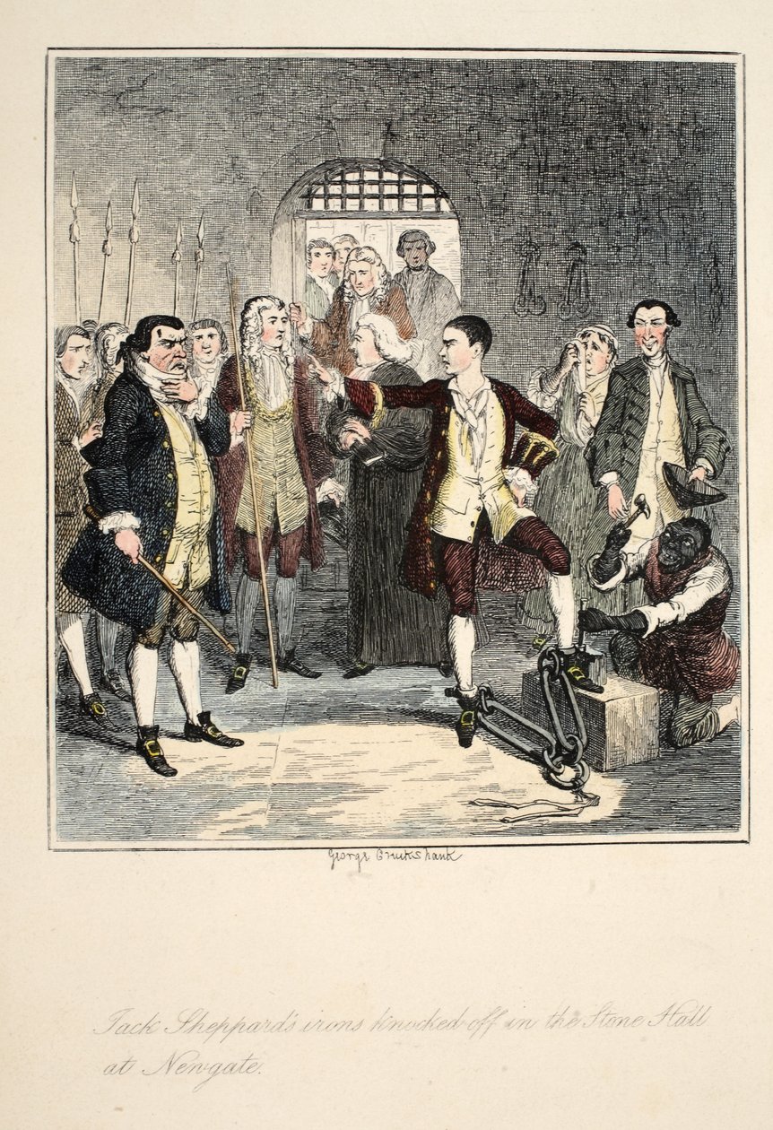 Žehličky Jacka Shepparda sražené v Stone Hall v Newgate, ilustrace z Jack Sheppard: A Romance od Williama Harrisona Ainswortha, vydáno 1839 (ručně kolorovaný lept) od George Cruikshank