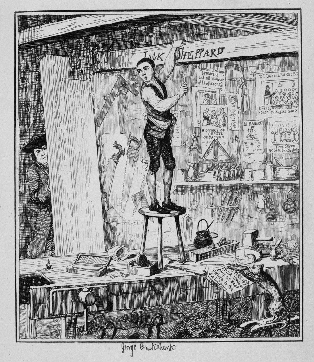 Jack vyryje své jméno na trám v obchodě svého bývalého zaměstnavatele, ilustrace z knihy "Jack Sheppard: A Romance" od Williama Harrisona Ainswortha, vydáno 1839 od George Cruikshank